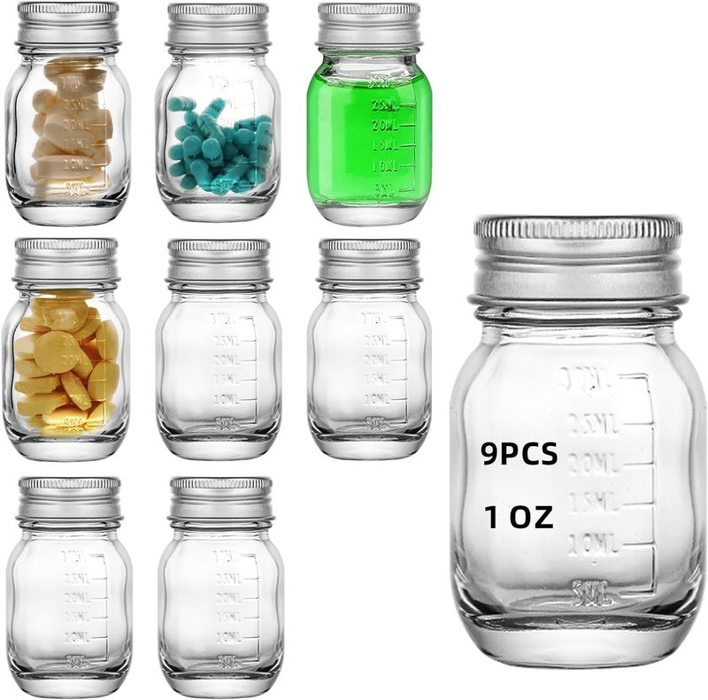eispap 9Pcs Glass medicine bottles 1oz 30 ml Glass Reagent Bottles Transparent Sample Jar,Wide Mouth,Screw Cap with Scale for Home, Argent Lid (9) - Image 1